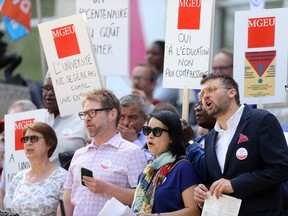 MGEU members from the Universite de Saint-Boniface rallied in support of post secondary education, in Winnipeg, today.  Thursday, June 06, 2018.   Sun/Postmedia Network