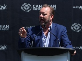 Canadian Premier League commissioner David Clanachan speaks during the unveiling of Valour FC, Winnipeg's professional soccer team to begin play in spring 2019, at Investors Group Field in Winnipeg on Wed., June 6, 2018. Kevin King/Winnipeg Sun/Postmedia Network