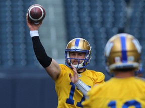 Chris Streveler throws to Alex Ross during Winnipeg Blue Bombers training camp on Wed., June 6, 2018. Kevin King/Winnipeg Sun/Postmedia Network