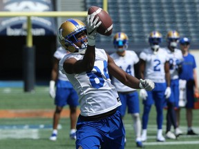 Ryan Lankford makes a one-handed catch during Winnipeg Blue Bombers training camp on Wed., June 6, 2018. Kevin King/Winnipeg Sun/Postmedia Network