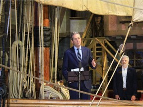 Manitoba Premier Brian Pallister gives a speech during the unveiling of the renewed Nonsuch Gallery at the Manitoba Museum in Winnipeg on June 8, 2018.