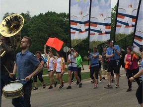 Members of the Dirty Catfish Brass Band and honorary flag bearers leading the 2018 walkers for the CancerCare Manitoba Foundation's 11th annual Challenge for Life on Saturday, June 9, 2018, in Winnipeg. Nearly 820 participants raised over $1 million by either walking 20 kilometres or working out for 200 minutes of fitness. Since 2008, over $11 million has been raised to support prevention, early detection, treatment, research and patient support at CancerCare Manitoba.