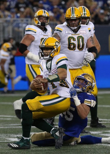 Winnipeg Blue Bombers LB Jovan Santos-Know pulls down Edmonton Eskimos QB Mike Reilly for a sack during CFL action in Winnipeg on Thurs., June 14, 2018. Kevin King/Winnipeg Sun/Postmedia Network