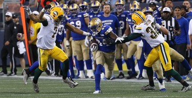 Winnipeg Blue Bombers KR Ryan Lankford runs back a kick against the Edmonton Eskimos during CFL action in Winnipeg on Thurs., June 14, 2018. Kevin King/Winnipeg Sun/Postmedia Network