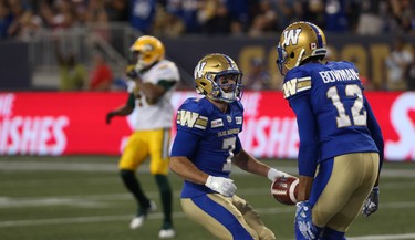 Winnipeg Blue Bombers SB Weston Dressler (left) celebrates his touchdown catch against the Edmonton Eskimos during CFL action in Winnipeg with WR Adarius Bowman on Thurs., June 14, 2018. Kevin King/Winnipeg Sun/Postmedia Network