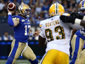 Winnipeg Blue Bombers QB Chris Streveler throws a pass against the Edmonton Eskimos during CFL action in Winnipeg on Thurs., June 14, 2018. Kevin King/Winnipeg Sun/Postmedia Network