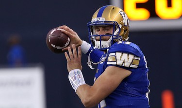 Winnipeg Blue Bombers QB Chris Streveler warms up prior to CFL action against the Edmonton Eskimos in Winnipeg on Thurs., June 14, 2018. Kevin King/Winnipeg Sun/Postmedia Network