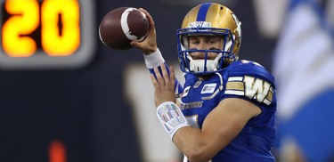 Winnipeg Blue Bombers QB Chris Streveler warms up prior to CFL action against the Edmonton Eskimos in Winnipeg on Thurs., June 14, 2018. Kevin King/Winnipeg Sun/Postmedia Network