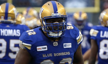 Winnipeg Blue Bombers DT Drake Nevis is fired up prior to facing the Edmonton Eskimos in CFL action in Winnipeg on Thurs., June 14, 2018. Kevin King/Winnipeg Sun/Postmedia Network