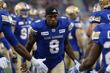 Winnipeg Blue Bombers DB Chris Randle slaps hands with teammates during player introductions prior to facing the Edmonton Eskimos in CFL action in Winnipeg on Thurs., June 14, 2018. Kevin King/Winnipeg Sun/Postmedia Network