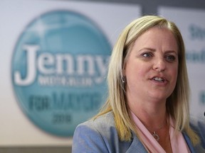 Mayoral hopeful Jenny Motkaluk speaks at a media event at the Norwood Hotel on Monday.