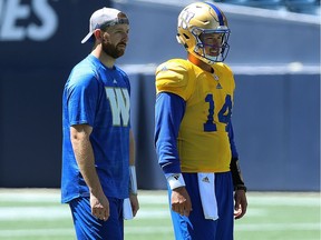 Matt Nichols (left) and Mitchell Gale watch Winnipeg Blue Bombers practice on Monday.