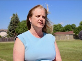 Mayoral candidate Jenny Motkaluk announced two 'Protect Winnipeg' promises at Andrew Mynarski Park on Tuesday, that if she was elected this fall, would expand crime prevention resources that target students.