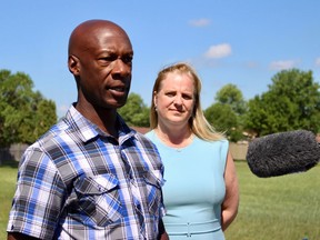 Former Winnipeg police chief Devon Clunis advised mayoral candidate Jenny Motkaluk and endorsed her two 'Protect Winnipeg' election promises at Andrew Mynarski Park on Tuesday. Motkaluk is promising to double the number of school resource officers in the city.