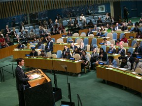 Prime Minister Justin Trudeau addresses the U.N. General Assembly at the United Nations in 2017. Our global influence may not be what we think.