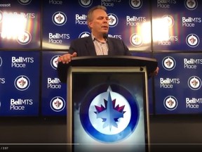 Winnipeg Jets general manager Kevin Cheveldayoff meets with the media to discuss the signing of goalie Laurent Brossoit on Sunday, July 1, 2018.