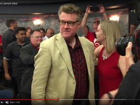 Screensht of Manitoba Liberal leader Dougald Lamont greeting supporters at the Norwood Hotel in Winnipeg after winning the St. Boniface byelection on Tuesday, July 17, 2018. The seat was previously held by former NDP premier Greg Selinger.