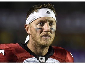 Calgary Stampeders quarterback Bo Levi Mitchell (19) walks off the field after second half CFL action against the Ottawa Redblacks in Ottawa on Thursday, July 12, 2018.