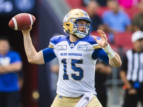 Blue Bombers quarterback Matt Nichols throws the ball first-half CFL action against the Argonauts in Toronto on Saturday, July 21, 2018. (MARK BLINCH/THE CANADIAN PRESS)