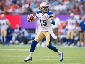 Winnipeg Blue Bombers quarterback Matt Nichols looks to pass during the first half of a CFL football game against the B.C. Lions in Vancouver, on Saturday July 14, 2018. THE CANADIAN PRESS/Darryl Dyck ORG XMIT: VCRD120