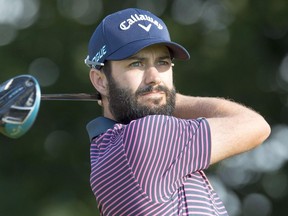 Adam Hadwin watches his tee shot on the 10th hole at the 2018 Canadian Open.