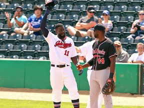 Winnipeg Goldeyes outfielder Reggie Abercrombie acknowledges the crowd after singling to left-centre in the third inning against the Fargo-Moorhead RedHawks on Sunday for his 802nd hit in the American Association, which is a new league record.