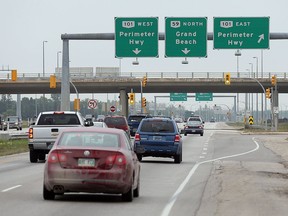 Traffic moves along Highway 59 near the north perimeter in Winnipeg, Man.