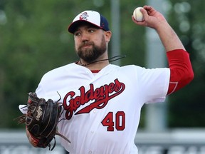 Winnipeg Goldeyes starting pitcher Mitch Lambson delivers against the Gary SouthShore RailCats during American Association action in Winnipeg on  June 12, 2018. (KEVIN KING/Winnipeg Sun files)