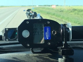 Dashboard cam image of a motorcyclist who was caught going 198 km/h in a 90 zone, Winnipeg police tweeted on Monday,