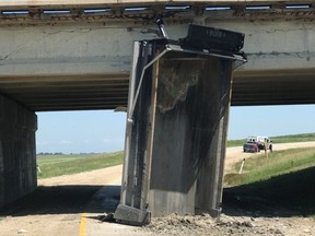 Northbound traffic was reduced to just one lane Friday, on a bridge over the Red River Floodway near Winnipeg, after an over-height vehicle collided with the structure.