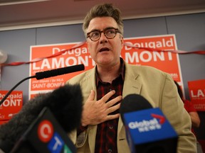 An emotional Liberal leader Dougald Lamont speaks at the Norwood Hotel in Winnipeg after winning the St. Boniface by-election on Tues., July 17, 2018. Kevin King/Winnipeg Sun/Postmedia Network