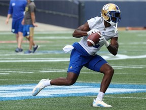 Kenbrell Thompkins pulls down a catch during Winnipeg Blue Bombers practice on Tues., July 24, 2018. Kevin King/Winnipeg Sun/Postmedia Network