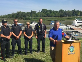 Lifesaving Society - Manitoba Branch Acting CEO Kevin Tordiffe addresses the media at a press conference for Operation Dry Water, an initiative to promote sober boating in advance of the August long weekend, at the Redboine Boat Club in Winnipeg on Monday. Behind him is: (left to right) Patrol Sgt. Stephane Boulet and River Patrol officers Drayden Ackland and Jalissa Veren of the Winnipeg Police Service River Patrol and S/Sgt Bob Chabot, Inland Water Transport Coordinator for the Manitoba RCMP.