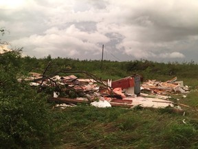 A house near Alonsa, Man. levelled by a tornado is shown in a handout photo. A man has died after a tornado touched down west of Lake Manitoba on Friday night and tore at least one home off its foundation, officials said Saturday.THE CANADIAN PRESS/HO-Matt Desorcy MANDATORY CREDIT ORG XMIT: CPT106