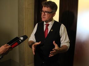 Manitoba Liberal leader Dougald Lamont tells media on Tuesday, Aug. 21 that he believes Sustainable Development Minister Rochelle Squires should resign over accusations that she withheld a report on contaminated soils in St. Boniface for weeks. Squires has reportedly said she simply made a mistake in her initial comments on when she learned about the report. 
JOYANNE PURSAGA/Winnipeg Sun