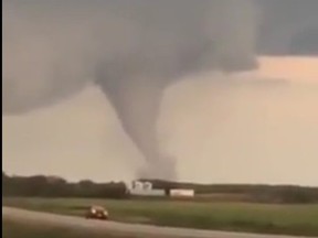 Screenshot of video taken by Bryan Mozdzen of tornado that touched down near Alonsa, Manitoba, on Friday, Aug. 3, 2018. Alonsa is about 212 kms northwest of Winnipeg near Lake Manitoba.
