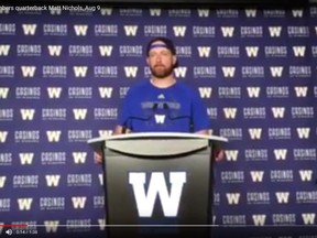 Winnipeg Blue Bombers quarterback Matt Nichols speaks with the media on the eve of the Bombers tilt against the Hamilton Tiger-Cats on Friday at Investors Group Field.