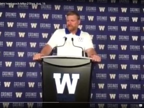 Blue Bombers head coach Mike O'Shea talks about Friday's game against the the Ottawa Redblacks at Investors Group Field in Winnipeg on Thursday, Aug. 16, 2018.