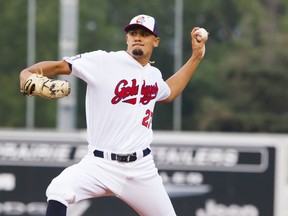 Winnipeg Goldeyes' Brennan Bernardino delivers a pitch earlier this season. (DAN LEMOAL/GOLDEYES)