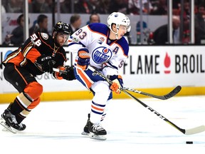 Nicolas Kerdiles #58 of the Anaheim Ducks chases after Ryan Nugent-Hopkins #93 of the Edmonton Oilers during the first period in Game 5 of the Western Conference Second Round during the 2017 NHL Stanley Cup Playoffs on May 5, 2017 in Anaheim, Calif.