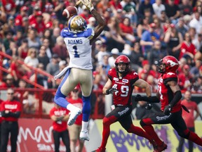 Winnipeg Blue Bombers' Darvin Adams has a pass slip from his grasp as Calgary Stampeders' Alex Singleton looks on during first-quarter CFL action in Calgary, Saturday, Aug. 25, 2018. (THE CANADIAN PRESS/PHOTO)