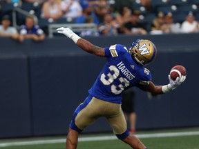 Blue Bombers RB Andrew Harris fires the ball into the stands after his touchdown run against the Hamilton Tiger-Cats on Friday. KEVIN KING/WINNIPEG SUN
