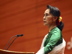 Myanmar's Leader Aung San Suu Kyi speaks during the closing ceremony of the third session of the 21st Century Panglong Union Peace Conference at the Myanmar International Convention Centre in Naypyitaw, Myanmar, Monday, July 16, 2018. Myanmar's leader Aung San Suu Kyi is being removed from a display at the Canadian Museum for Human Rights.