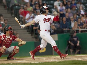Tucker Nathans belts his 11th homer of the year over the fence as the Goldeyes march to a 5-3 win over Fargo-Moorhead Thursday night.
(Photo by Dan LeMoal)