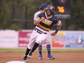 Goldeyes’ Josh McAdams rounds third during Tuesday’s American Association action against the Saints at Shaw Park. St. Paul secured a plyoff spot with the win. (Dan LeMoal/Winnipeg Goldeyes)