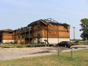 The aftermath of an early morning fire Sunday that ripped through an apartment building in the 1000 block of Beaverhill Boulevard. Dozens of residents were displaced from the 24-suite building, but no injuries were reported. Scott Billeck/Postmedia.