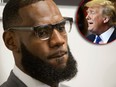 In this July 30, 2018 file photo LeBron James listens to a question at a news conference after the opening ceremony for the I Promise School in Akron, Ohio. U.S. President Donald Trump (inset) took a shot at the basketball great on Twitter Friday, Aug. 3, 2018. (AP Photo/Phil Long, File/MANDEL NGAN/AFP/Getty Images)