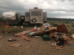 Debris is strewn about after a tornado at Margaret Bruce Beach, east of Alonsa, Man., on Friday, Aug.3, 2018. A tornado that touched down west of Lake Manitoba on Friday night tore at least one home off its foundation, a spokesman for Environment Canada said Saturday. THE CANADIAN PRESS/HO-Facebook-Vanessa Whyte MANDATORY CREDIT ORG XMIT: CPT103