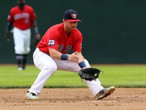 Winnipeg Goldeyes shortstop Matt McCann fields a grounder during American Association action against the Texas AirHogs in Winnipeg on Wed., July 25, 2018. (KEVIN KING/WINNIPEG SUN)