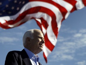 FILE - In this Nov. 3, 2008, file photo, Republican presidential candidate Sen. John McCain, R-Ariz., speaks at a rally in Tampa, Fla. Aide says senator, war hero and GOP presidential candidate McCain died Saturday, Aug. 25, 2018. He was 81.